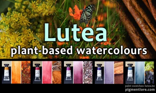 A collage of watercolour paint tubes and flora in nature.