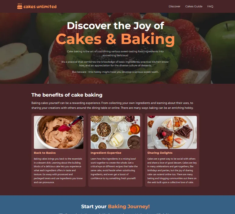 A home page of a cakes-themed website.